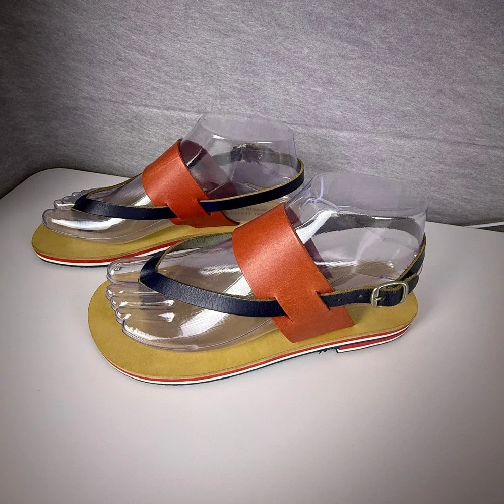 Real Leather Greek Sandals 5.5 Tricolor Navy Red Tan Buckle‎ Strap Flat Summer